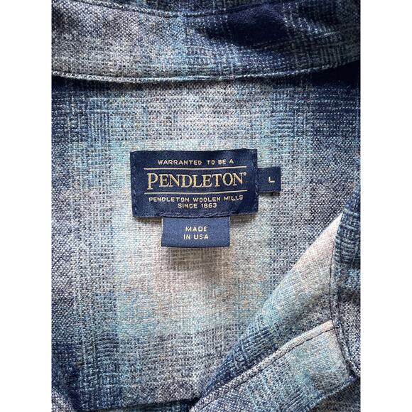 Pendleton Made in USA Wool Blue Plaid Button Up Mens Shirt Sz L Lodge One Pocket - Picture 9 of 12
